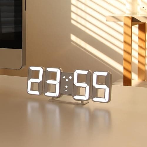 mooas 3D Pure Mini White LED Clock, Multi-Function LED Clock (Calendar, Alarm, Temperature) (8.5" White Table Alarm Clock) thumbnail 2