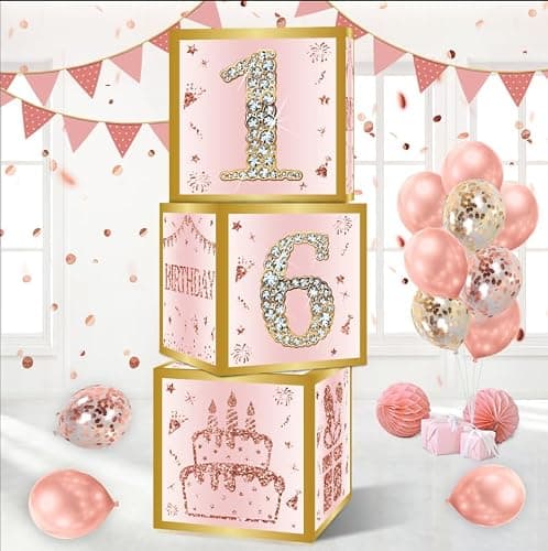 DataMoon 16th Birthday Decorations Boxes for Girls | 3PCS Pink Rose Gold Sweet 16 Birthday Balloons Boxes,Sixteen Year Old Party Supplies for Girls - Image 1