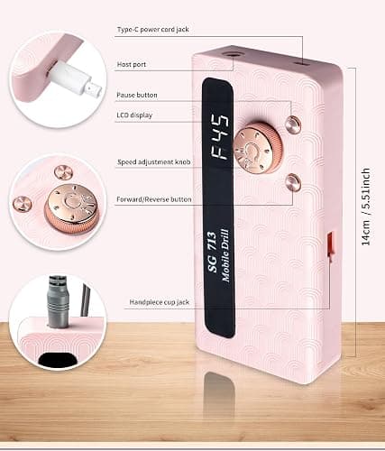 Electric Nail File Professional Kit - 45000RPM Portable Nail Drill Electric File with 11 Bits & Base丨LED Screen丨Ultra-Silent, Rechargeable Nail Drills Machine for Acrylic Nails Gel Polishing (Pink) thumbnail 5