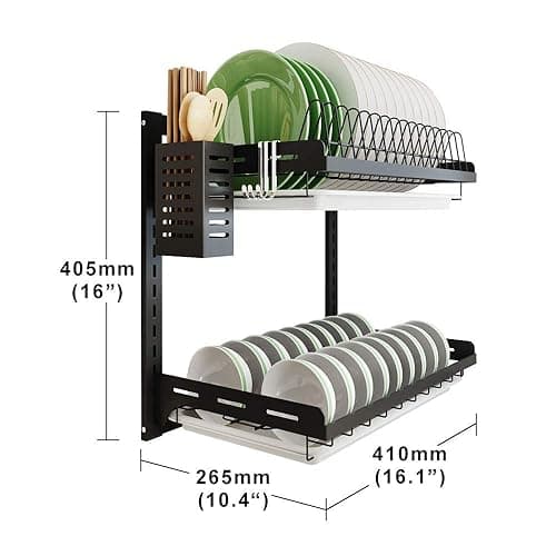 junyuan Kitchen Dish Rack,Hanging Dish Drying Rack Organizer Storage Shelf Over Sink,2 Tier Wall Mount Bowl Holder with Drain Tray and Silverware Stainless Steel Black Coating Ajustable Height thumbnail 3