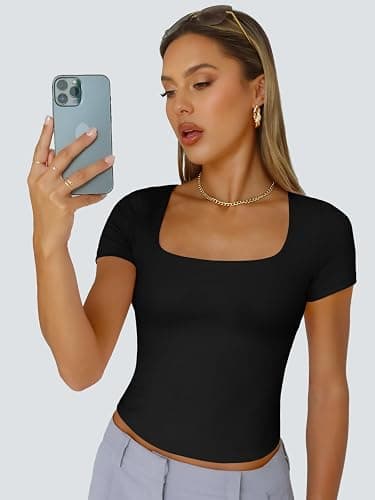 Trendy Queen Womens Double Lined Short Sleeve Square Neck Crop Top for Summer Going Out thumbnail 2