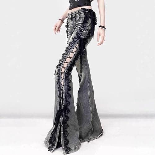 Women's lace up Flared Pants - Split Boot and Beard Design Y2K Gothic Punk Aesthetic Denim Pants thumbnail 5