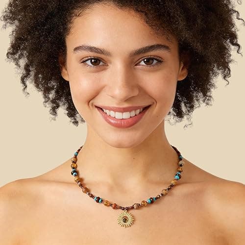 MEETCUTE Sunflower Tiger's Eye Pendant Beaded Necklace for Women, Vintage Boho-Charm Necklace Fashion Chain Accessory Creative, Dainty Jewelry GiftS thumbnail 4
