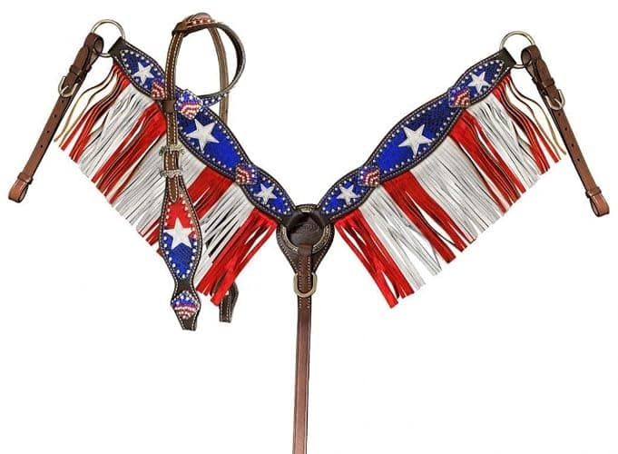 Showman Single Ear Leather Headstall & Breast Collar Set w/Patriotic Design, Average Full Size Horse - Image 1