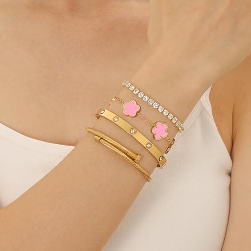 Gold Bracelets for Women, 18K Gold Plated Women Tennis Bracelets Clover Nail Love Bangle Bracelet Set, Gold Bracelet Stackable Set Trendy Jewelry, Gifts for Women's Day and Mother's Day thumbnail 2