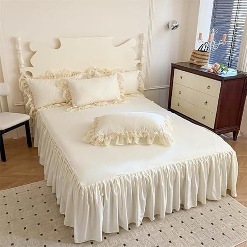 T-stage French Chic Bedding Set 4-Piece - Romantic Lace Trim Washed Cotton, Duvet Cover with Bed Skirt & Pillowcases for Queen Bed, Princess Style (Comforter Not Included) (Milky White,Full) thumbnail 7