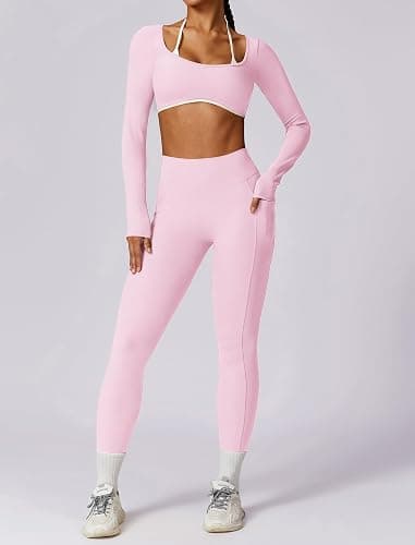 Workout Sets for Women 2 Piece Outfits Seamless High Waist Leggings Yoga Long Sleeve Crop Tops Athletic Gym Sets thumbnail 4