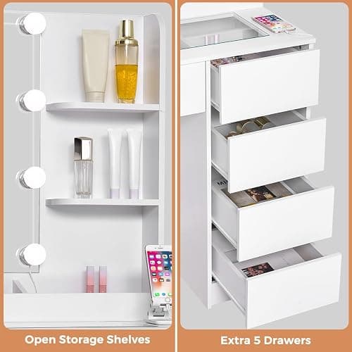 ANWBROAD Schminktisch mit LED Beleuchtung und Hocker, Glasplatte, Schminktisch mit Steckdosen und Großer Spiegel, Frisiertisch mit 5 Schubladen Offenen Regalen, Modern Weiß BDT74W thumbnail 9