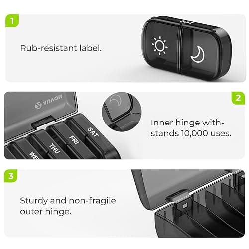 AUVON XL Weekly Pill Organizer 2 Times a Day, Pill Box 7 Day with One-Side Large Openings for Easy to Use, Black Privacy Protection AM PM Pill Case for Medication, Vitamins, Fish Oils, Supplements | XL Pill Box 7 Day, Black Privacy Protection AM PM Pill Case for Medication, Vitamins, Fish Oils, Supplements thumbnail 3