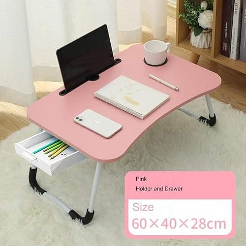 Lap Desk with Storage Drawer, Holders for Cup and Tablet, Tray Table with Foldable Legs, Laptop Bed Stand, Portable Standing Table for Sofa Couch Floor (23.6", Pink) thumbnail 7