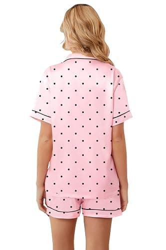 Umeyda Women & Girls Pajamas Set, 2 Piece PJS Satin Silk Sleepwear Button-Down Top with Shorts for Mom Kids Gifts thumbnail 6