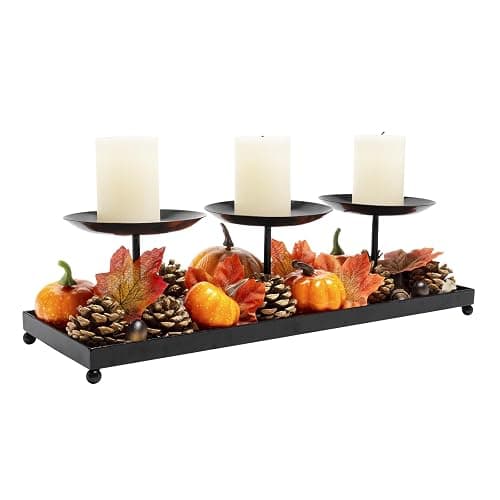 flangairy 3 Pillar Black Metal Candle Holders for Table Centerpiece, Fall Thanksgiving & Halloween Dining Table, Fireplace Mantel Decor, Tray Candlestick for Living Room Rustic Decorations - Image 1