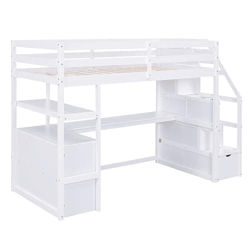 Harper & Bright Designs Twin Size Loft Bed with Desk Staircase and Storage Drawers, Solid Wood Loft Bed Frame with Shelves for Kids Adults Teens, White thumbnail 4