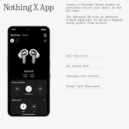 Nothing Ear (3) Wireless Earbuds Super Mic 45dB Hybrid Active Noise Cancelling Bluetooth Headphones Hi-Res 6 Mics, 12mm Dynamic Bass Boost, Dual Connect ANC Sport Ear Buds for iPhone Android, Black thumbnail 9