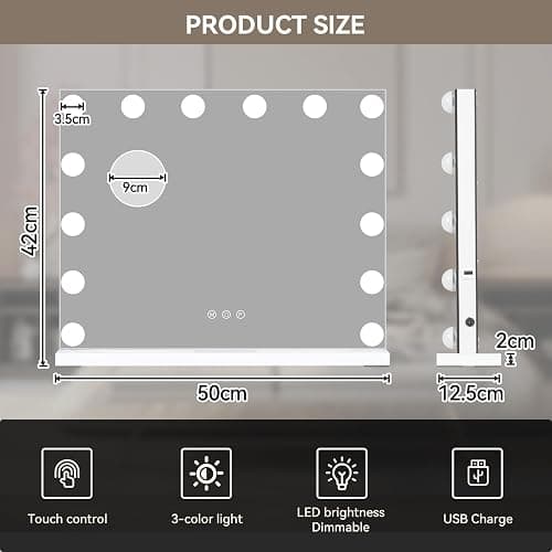 eklipt Hollywood Vanity Mirror with Lights, 50×42cm Large Lighted Makeup Mirror with 14 Dimmable LED Bulbs, Touchscreen Control, USB Output Port Tabletop or Wall Mounted Light Up Mirror For Bedroom - 50 X 12 X 42 Cm thumbnail 2