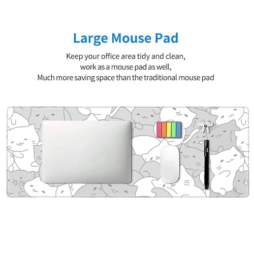 White Kawaii Cats E-Sport Mouse Pad Large Desk Mat Non-Slip Rubber Base Stitched Edge Keyboard Mouse Pad for Office Home E-Sport Computer Laptop, 31.5×11.8 Inches thumbnail 6