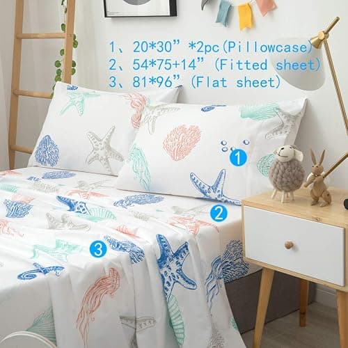 JSD Beach Theme Kids Printed Sheet Set Full, 4 Piece Starfish Jellyfish Coastal Summer Microfiber Bed Sheets Deep Pocket thumbnail 3