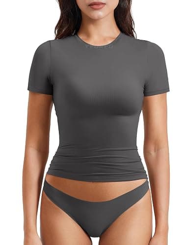 YEOREO Women Fitted Workout Tops Short Sleeve Double Lined Basic Y2K Going Out Crew Neck Compression Crop Top - Image 1