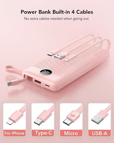 VRURC 10000mAh Power Bank With Built in Cables,USB C Battery Pack Portable Charger with 5 Outputs 2 Inputs Powerbank LED Display compatible with iPhone 17 16 15 14, Samsung,Android-Pink thumbnail 3