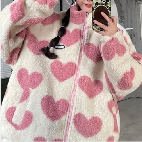 Sumleno Women's Fleece Sherpa Jackets Reversible Kawaii Heart Print Fuzzy Zip Up Cutecore Coats Aesthetic Y2k Gyaru Clothes thumbnail 7