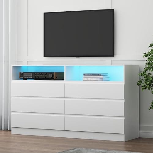 Gyfimoie 6 Drawer Double Dresser with Power Outlet, Accent Chests of Drawers with LED Light, Modern White Storage Dresser with Charging Station (Mirror Not Included) thumbnail 6