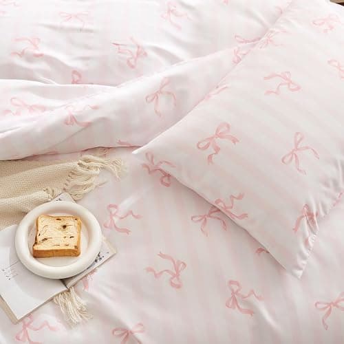 Lanqinglv Double Duvet Cover Bedding Set Bow Striped Printed, Super Soft Microfibre Double Duvet Set Cosy Stylish Pink Duvet Cover with 2 Pillowcases, Birthday Gifts for Women Girls thumbnail 5