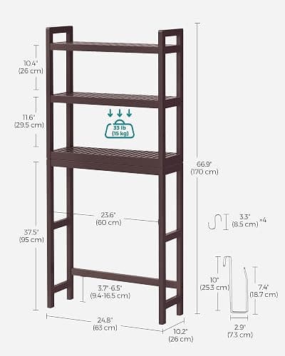 SONGMICS Over The Toilet Storage, 3-Tier Over Toilet Bathroom Organizer with Adjustable Shelf, 10.2 x 24.8 x 66.9 Inches, Space-Saving, Brown UBTS01BR thumbnail 3