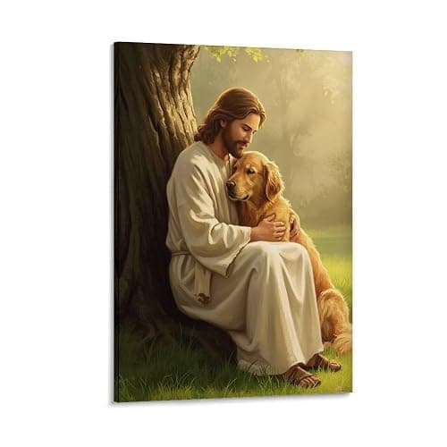 Jesus Art Poster Jesus Hugging Golden Retriever Home Decor Poster Wall Art Hanging Picture Print Bedroom Decorative Painting Posters Room Aesthetic 12x18inch(30x45cm) - Image 1