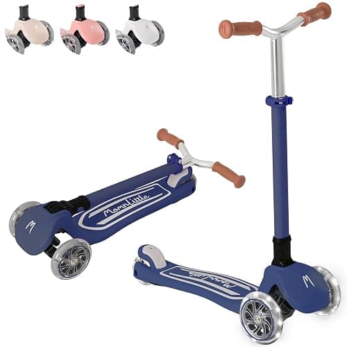 MomnLittle Kick Scooter for Kids Ages 3-10 (Beige/Pink/Navy/White) 3 Wheeled with LED Light-Up Wheels CPSC Certified Foldable and 4 Height Adjustable Toddler Scooters for Boys Girls - Image 1