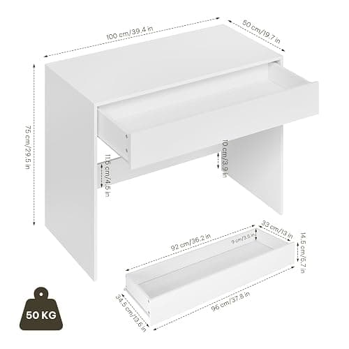 eSituro Computer Desk with Drawer, Home Office Desk 100x50x75 cm, Vanity Table with Storage, Dressing Table for Bedroom, White thumbnail 3