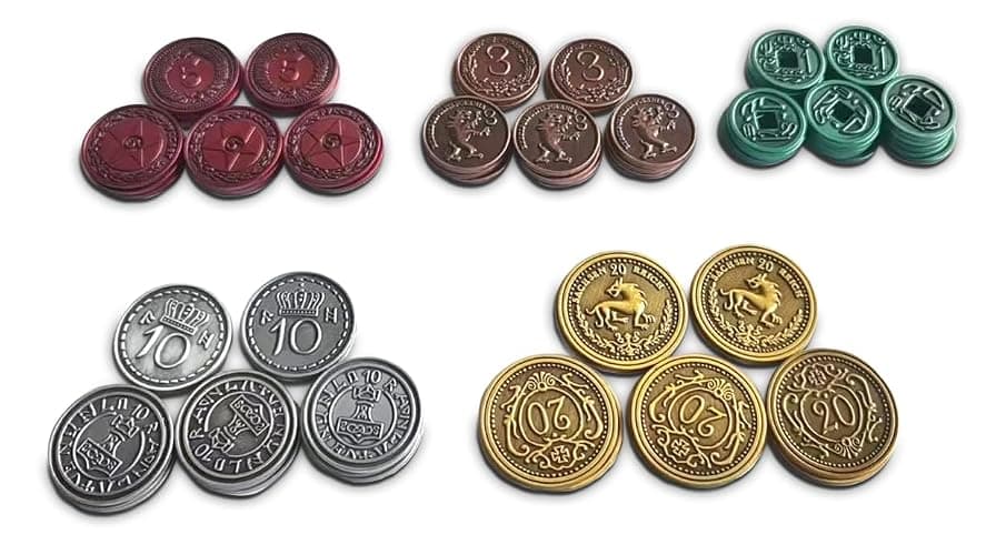 Stonemaier Games: Metal Coins (Scythe and Expeditions) | Metal Coins to Enhance Your Gameplay | 80 Coins with Unique Colors and Sides for Each Denomination - Values Include 1, 3, 5,10, and 20 thumbnail 9
