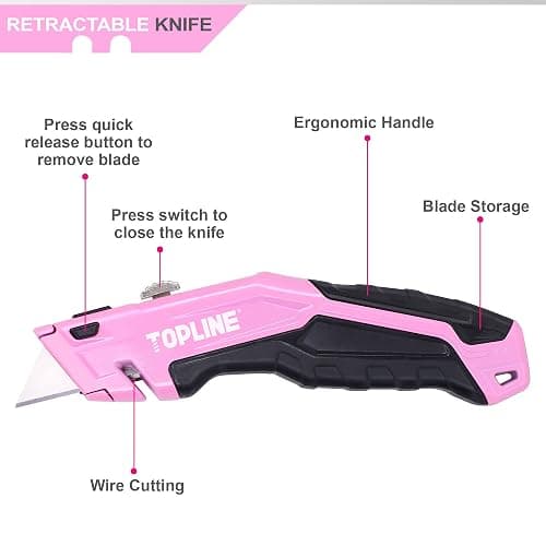 TOPLINE Retractable Pink Utility Knife, Retractable Pink Box Cutter, Blade Storage Design, 18-Piece SK5 Blades and a Dispenser Included thumbnail 8