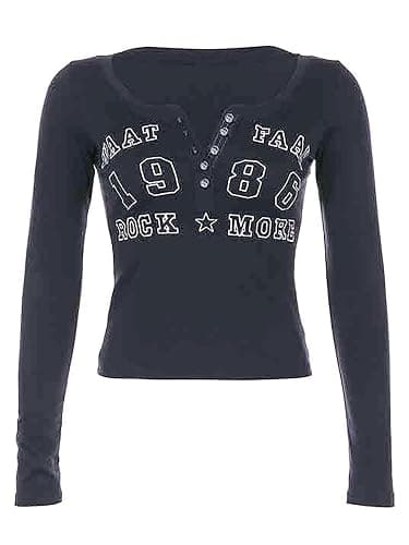 DUKBUBI Women’s Y2K Long Sleeve Henley T Shirts Button Down Slim Fit Vintage Casual Tops Graphic Crop Tops thumbnail 4