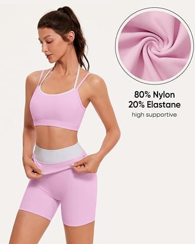 OMKAGI Workout Sets for Women Cute Doubel Layer Open Back Sports Bras Gym Shorts Outfits thumbnail 3