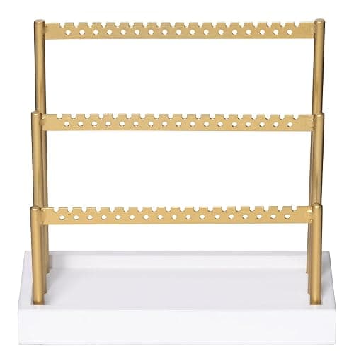 SANY DAYO HOME 3-Tier Earring Holder Organizer Stand, 105 Holes Gold Metal Earring Rack Jewelry Display Tree with White Wood Tray for Women and Girls thumbnail 7