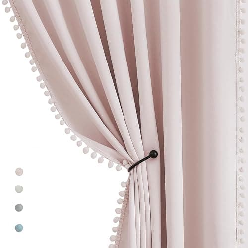 Treatmentex Pom-Pom Pink Half-Blackout Curtains 45'''' Short Window Curtain Set for Girls Baby Nursery Room Darkening Drapes 2 Panels Rod Pocket,Adult thumbnail 2