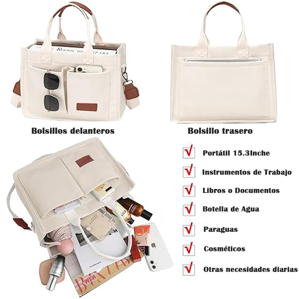 Lumbor37 Bolsa de Lona para Mujer con Hebilla, Tote Bag Cruzada para Oficina, Bolsillo con Cremallera Integrado, Viajes, Bolso Escuela thumbnail 2