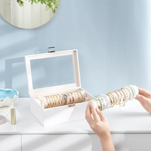 Lolalet Bracelet Display Holder with Rods for Bangles Watches, Clear Lid Jewelry Organizer Box Storage Case for Women Girls -White thumbnail 6