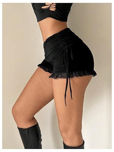 WDIRARA Women's Lace Low Rise Stretchy Ruffle Going Out Mini Shorts | Fold Over, Side Drawstring Ruched, Micro, Cute, Low Waisted, Lace Up, Booty Shorts thumbnail 3