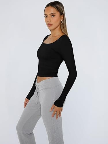 Trendy Queen Womens Long Sleeve Shirts Crop Tops Fall Fashion 2025 Square Neck Going Out Basics Tees Y2k Clothes thumbnail 4