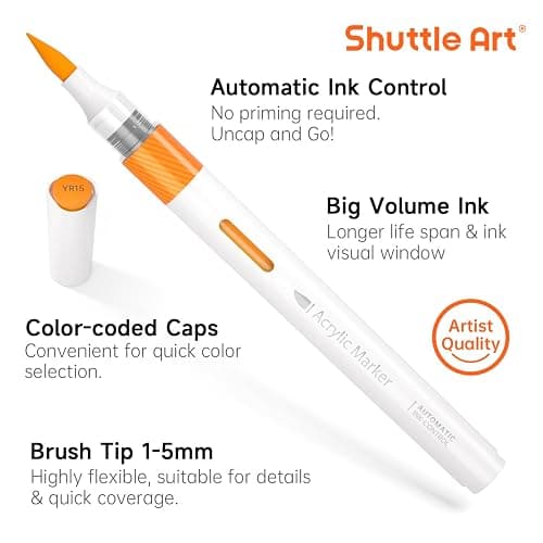 Shuttle Art Automatic Ink Control Acrylic Paint Markers, 36 Colors Brush Tip Acrylic Paint Pens for Rock Painting, Ceramic, Wood, Canvas, Glass, Stone, Fabric, Card, DIY Football Crafts thumbnail 4