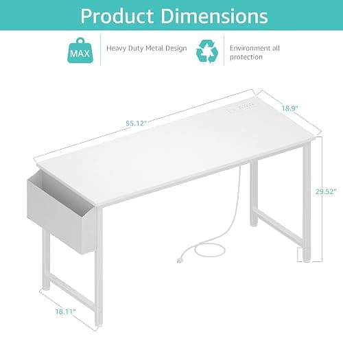 Lufeiya White Computer Desk with Power Outlet, 55 inch Teen Study Table Home Office Work Writing Gaming Desks with Charging Station Outlets Built in, White thumbnail 3