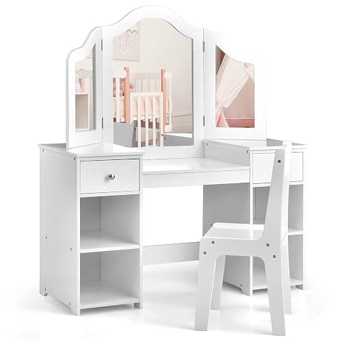 AKUSTIK Kids Vanity, 2 in 1 Wooden Princess Makeup Table and Chair for Toddlers with Tri-Folding Detachable Mirror, Storage Drawers for Little Girls, Pretend Beauty Dressing Desk Play Set Toy Gift thumbnail 8