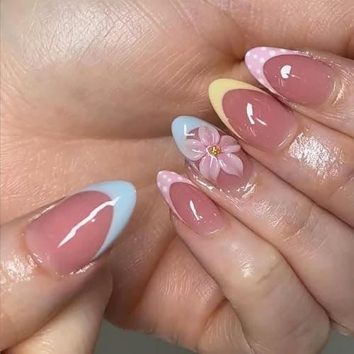 CTTHNBD Medium Press on Nails Almond - Colorful French Tip Fake Nails | Floral Design, Blue , Yellow，Polka Dot, False Nails for Women 24 Pcs thumbnail 2