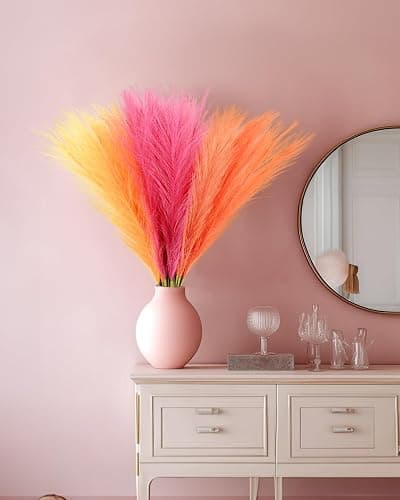 Veneloo 30pcs Faux Pampas Grass Pink Orange Fall Decor, 17.7inch Short Artificial Pompous Grass Fluffy Fake Pompas Branches Vase Filler Flower Arrangement for Home Party Outdoor Wedding Decor thumbnail 4