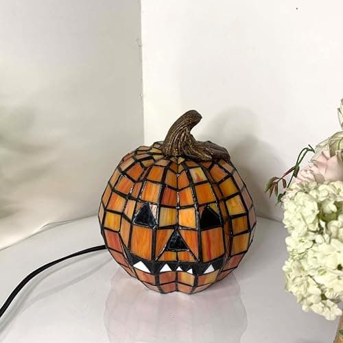 Bieye L10927 Carved Pumpkin Tiffany Style Stained Glass Accent Table Lamp for Halloween Decor thumbnail 3