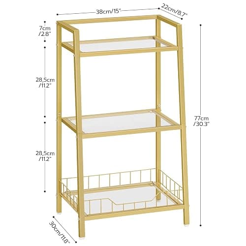 HOOBRO Gold Glass Shelf Stand, 3 Tier Standing Shelf Unit, Bathroom Organizer and Storage, Floor Storage Shelves Waterproof, for Bathroom, Laundry, Toilet, Tempered Glass, Gold GD77CJ01 thumbnail 8