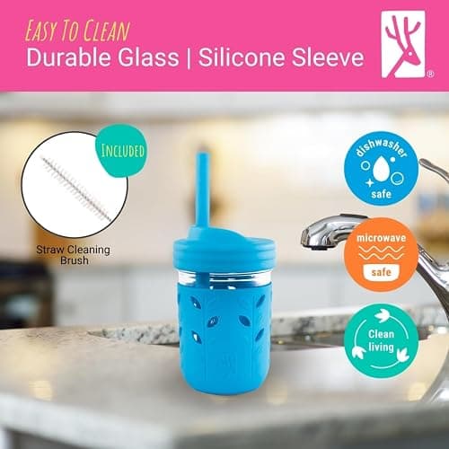 Elk and Friends Kids + Toddler Glass Cups | The Original 8oz Glass Mason Jar with Sleeves + Lids | Silicone Straws + Stopper | Smoothie Cup | Food Storage | Spill Resistant | Dishwasher Safe | 4 Pack thumbnail 6