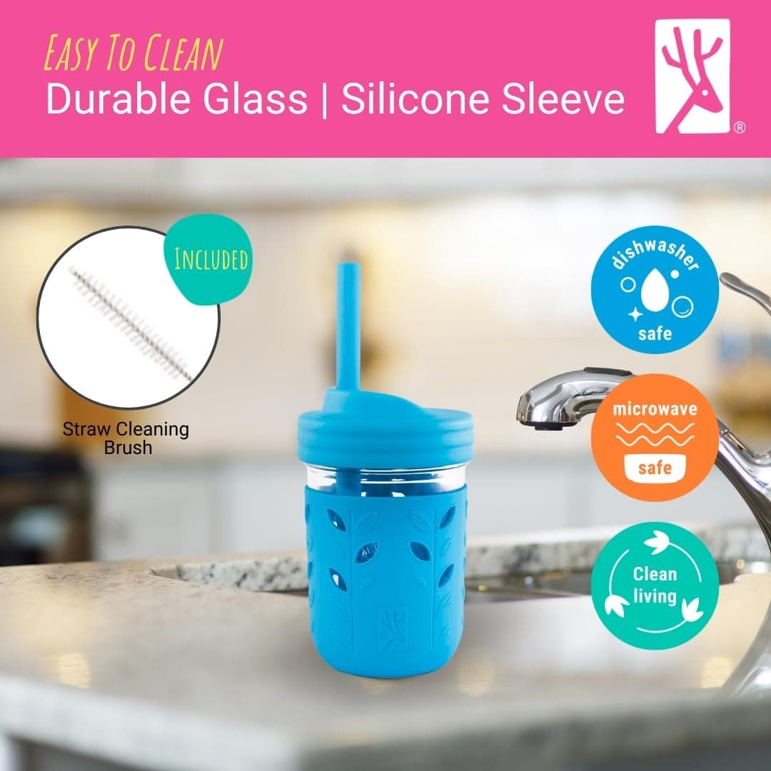 Elk and Friends 8oz Glass Kids + Toddler Drinking Cups | The Original Mason Jars with Lids + Sleeves + Straws | Smoothie Cups | Spill Resistant | Dishwasher Safe | 4 Pack thumbnail 6