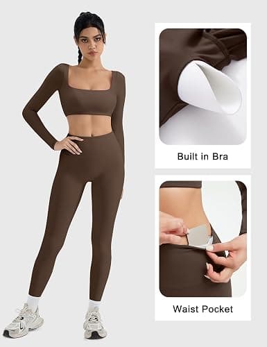 SUUKSESS Women 2 Piece Workout Sets Compression Tummy Control Leggings with Pockets Long Sleeve Square Neck Padded Crop Tops thumbnail 2